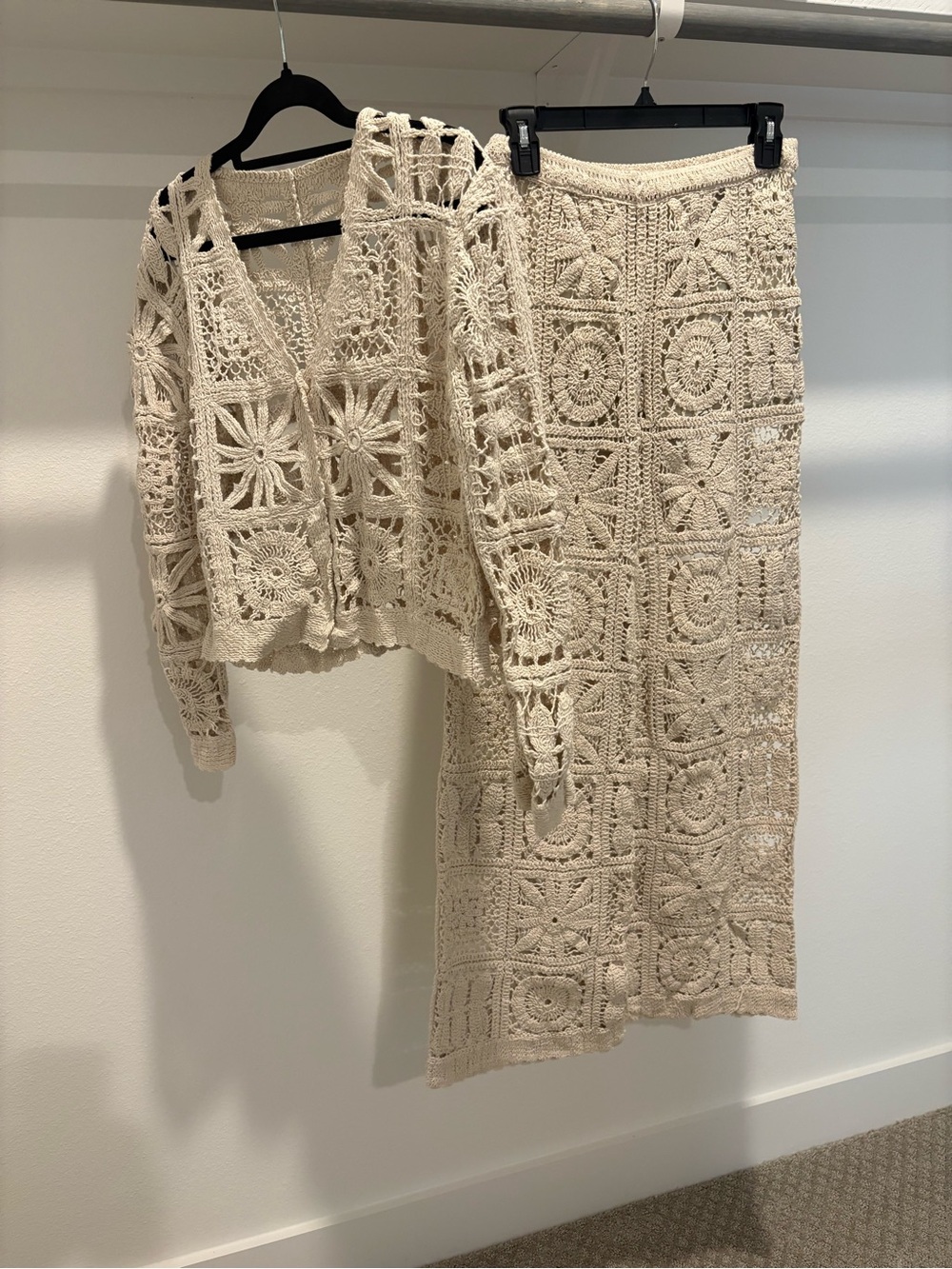 Crochet Knit Two-Piece Set in Cream